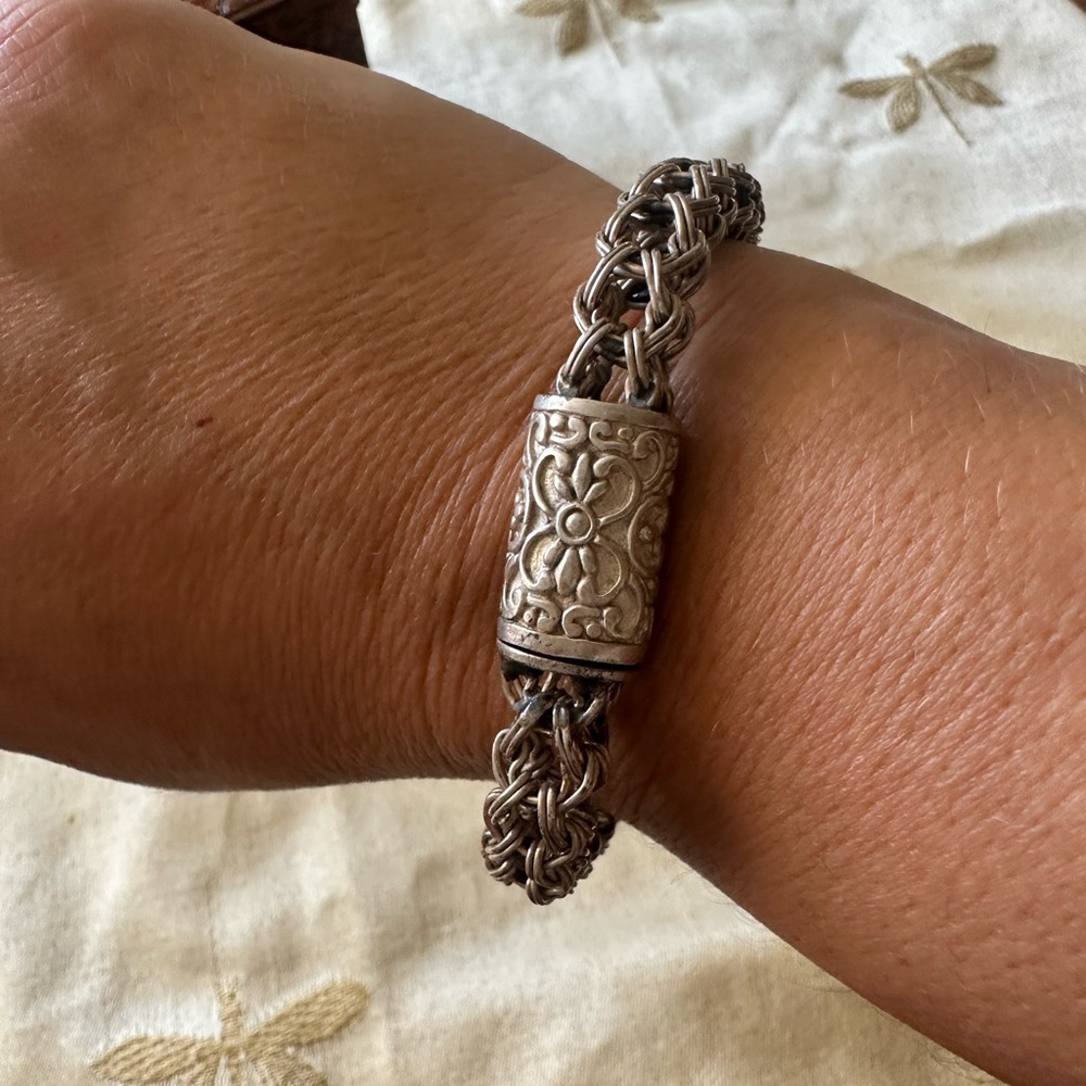Vintage Handmade Heavy Byzantine Sterling Silver Bracelet w/ Floral Clasp.